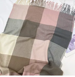 Autumn winter plaid cashmere feel tassel scarf for women fashion warm cozy winter neck wrap