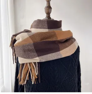 Classic brown plaid cashmere feel winter scarf with vintage tassels for women fashion accessory