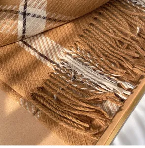 Cashmere-feel plaid fringe scarf for women, warm winter tartan shawl in classic camel.