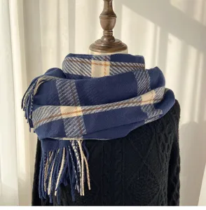 Blue plaid winter scarf with fringe, soft cashmere feel warm shawl for women and men daily wear