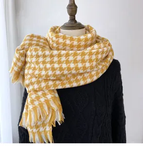 Yellow white houndstooth scarf detail, cozy tassel cashmere feel winter neck warmer.