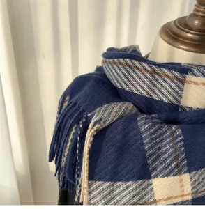 Classic blue plaid scarf for women autumn and winter soft warm tassel shawl detail view
