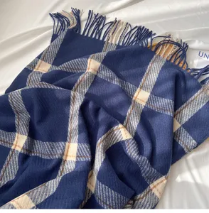 Classic navy blue plaid tassel cashmere feel scarf for winter warm fashion women neckerchief style