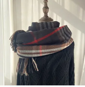 Classic British plaid imitation cashmere scarf for women, warm winter tassel shawl.