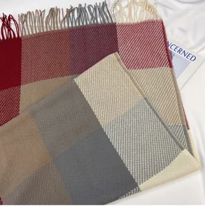 Autumn winter women block plaid scarf soft cashmere feel tassel shawl cozy warm neck wrap