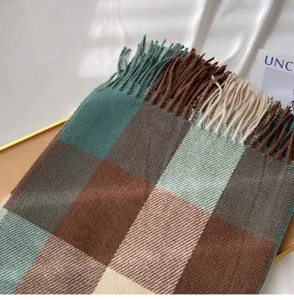 Detailed view of cozy retro plaid fringe scarf imitation cashmere texture soft winter shawl