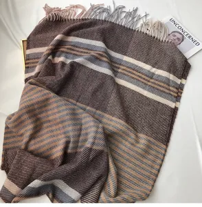 Cozie striped winter scarf with soft tassels, warm imitation cashmere daily wrap accessory.