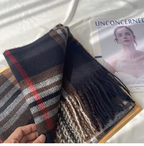 Classic black and brown plaid winter scarf with fringe, soft cashmere-feel warm wrap.