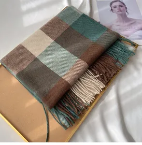 Vintage plaid imitation cashmere scarf with chic fringe for women winter warm wear.