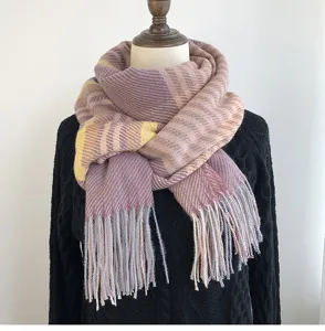 Cozy winter cashmere-feel plaid fringed scarf for women, warm thick sweet daily wear.