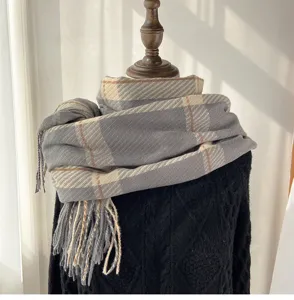 Grey plaid scarf for women autumn winter warm tassel shawl fringe cozy neck wrap accessory