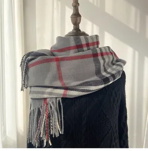 Classic grey plaid tassel cashmere-feel winter scarf for women, warm British style shawl wrap.