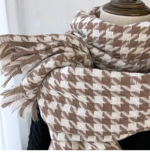 Women Winter Cashmere Feel Houndstooth Tassel Scarf Detail View Warm Neck Wrap Shawl
