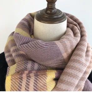 Detailed shot of women winter imitation cashmere scarf with sweet plaid pattern warm neck wrap.