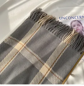 Grey plaid winter scarf with fringe, soft cashmere-feel tassel shawl for women and men cozy.