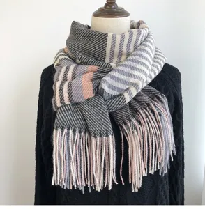 Cozy women winter imitation cashmere scarf with classic plaid pattern and elegant tassel design.