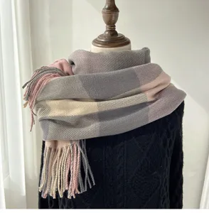 Cozy winter plaid scarf for women with fringe design, soft cashmere-feel casual shawl neck warmer.