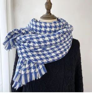 Blue and white houndstooth scarf detail, cozy winter cashmere feel shawl with tassel fringe.