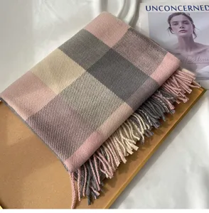 Cozy pink plaid winter scarf detail, soft imitation cashmere fringe shawl for women warm.