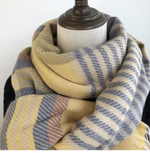 Detailed close-up of the thick winter plaid scarf, showcasing soft texture and cozy warmth.