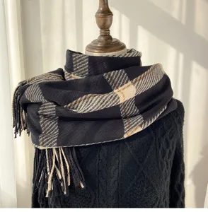 Classic black and camel plaid scarf detail, soft faux cashmere fabric with fringe accent.