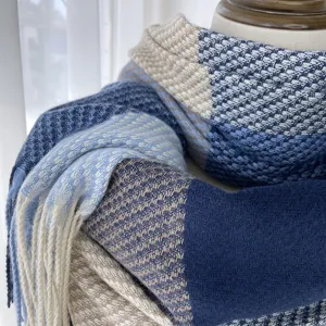 Autumn winter plaid cashmere feel tassel scarf women warm fashion cozy blue wrap shawl