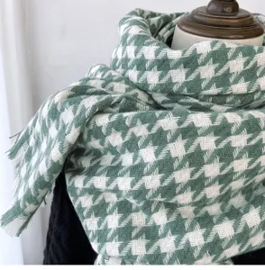 Green white houndstooth winter warm imitation cashmere scarf soft fringe neck warmer shawl