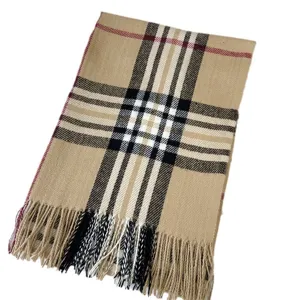 Classic cashmere-feel plaid scarf for women, warm winter fringe shawl and wrap.