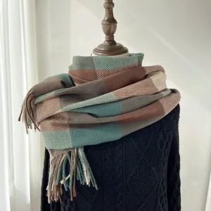 Women large plaid cashmere feel winter scarf retro fringe shawl cozy neck wrap main view