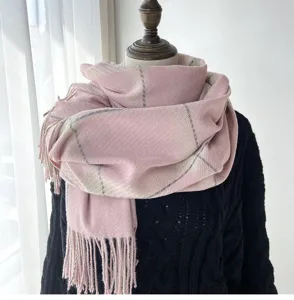 Pink plaid tassel scarf, soft cashmere-feel winter neck wrap with cozy warmth style.