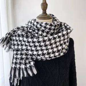 Women Winter Warm Houndstooth Scarf Imitation Cashmere Tassel Shawl Classic Checkered Soft Long Neck Scarf