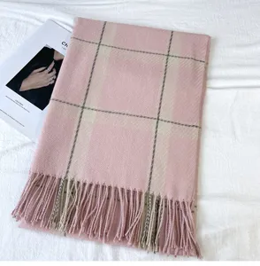 Pink plaid tassel scarf, cozy winter cashmere-feel warm neckerchief detail view.