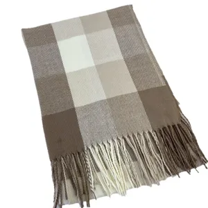 Cozy brown and beige large plaid cashmere-feel warm winter scarf with elegant fringe.