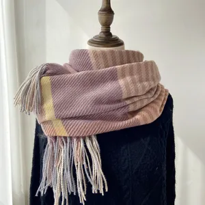 Winter warm thick plaid cashmere-feel winter scarf with fringe, cozy women wrap.