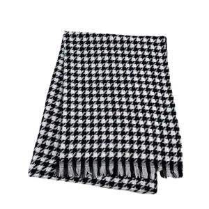 Black and white houndstooth winter scarf with fringe, thick warm cashmere shawl for women.