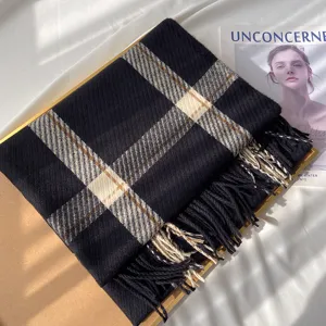 Classic black plaid scarf for women, warm winter cashmere-feel fringe shawl, cozy winter neck wrap.