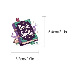 Detail view of the Book of Spells decorative sticker showing precise dimensions and clear graphic design.