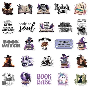Detailed view of waterproof bookish stickers pack, perfect for laptop and journal decoration.