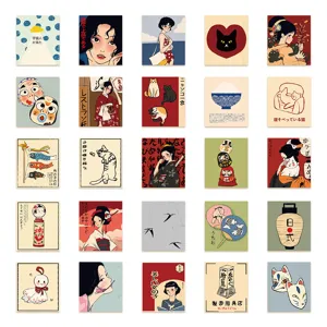 Close-up details of retro Japanese vintage style stickers featuring cute cats and traditional art motifs.