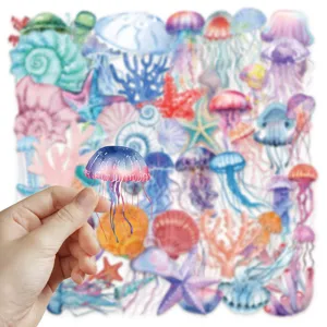 Vista di dettaglio del set di adesivi acquerello medusa oceano per decorazione cover.