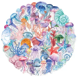 Set 50 adesivi animali marini acquerello, simpatiche meduse conchiglie DIY per custodia telefono.