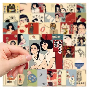 Detail shot of Japanese vintage aesthetic sticker showcasing cute anime illustration and retro text.
