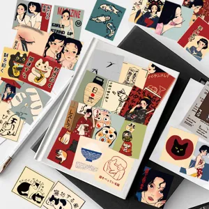 Retro Japanese illustration sticker set featuring aesthetic vintage art, cats, and characters for journaling.