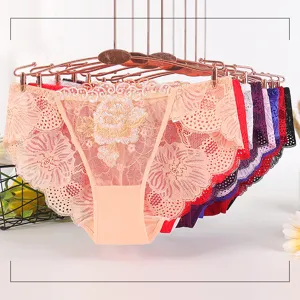 Sexy women lace panties with floral embroidery, breathable cotton crotch briefs multi-pack.