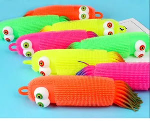 Colorful sensory tactile stretchy caterpillar toys with pop eyes and glowing features for kids.
