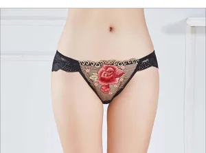 Sexy women's low-waist lace briefs with floral embroidery, sheer mesh breathable underwear.