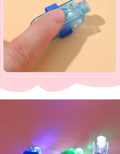 Close-up detail of colorful LED finger ring light glowing in dark night environment.