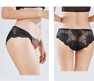 Women's sexy black lace panties featuring delicate floral embroidery and breathable mesh design.