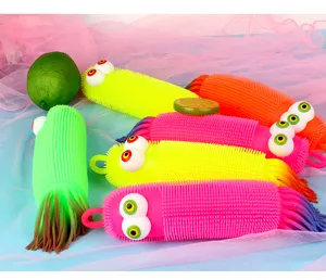 Colorful flashing stretchy caterpillar squeeze toy detail showing soft rubber texture and big eyes.