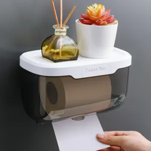Caja de Pañuelos Montada en la Pared Sin Perforación Soporte de Papel Higiénico de Plástico Organizador de Baño
